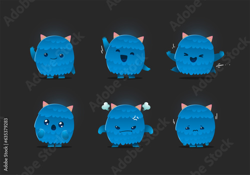 set of cute cartoon blue monster character mascot collection