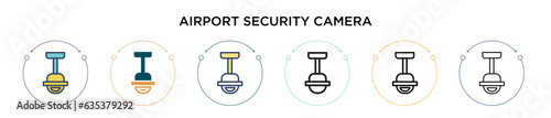 Airport security camera icon in filled, thin line, outline and stroke style. Vector illustration of two colored and black airport security camera vector icons designs can be used for mobile, ui, web