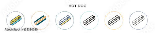 Hot dog icon in filled, thin line, outline and stroke style. Vector illustration of two colored and black hot dog vector icons designs can be used for mobile, ui, web