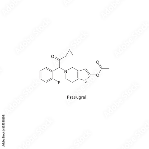 Prasugrel flat skeletal molecular structure P2Y12 inhibitor drug used in risk of thrombosis treatment. Vector illustration.