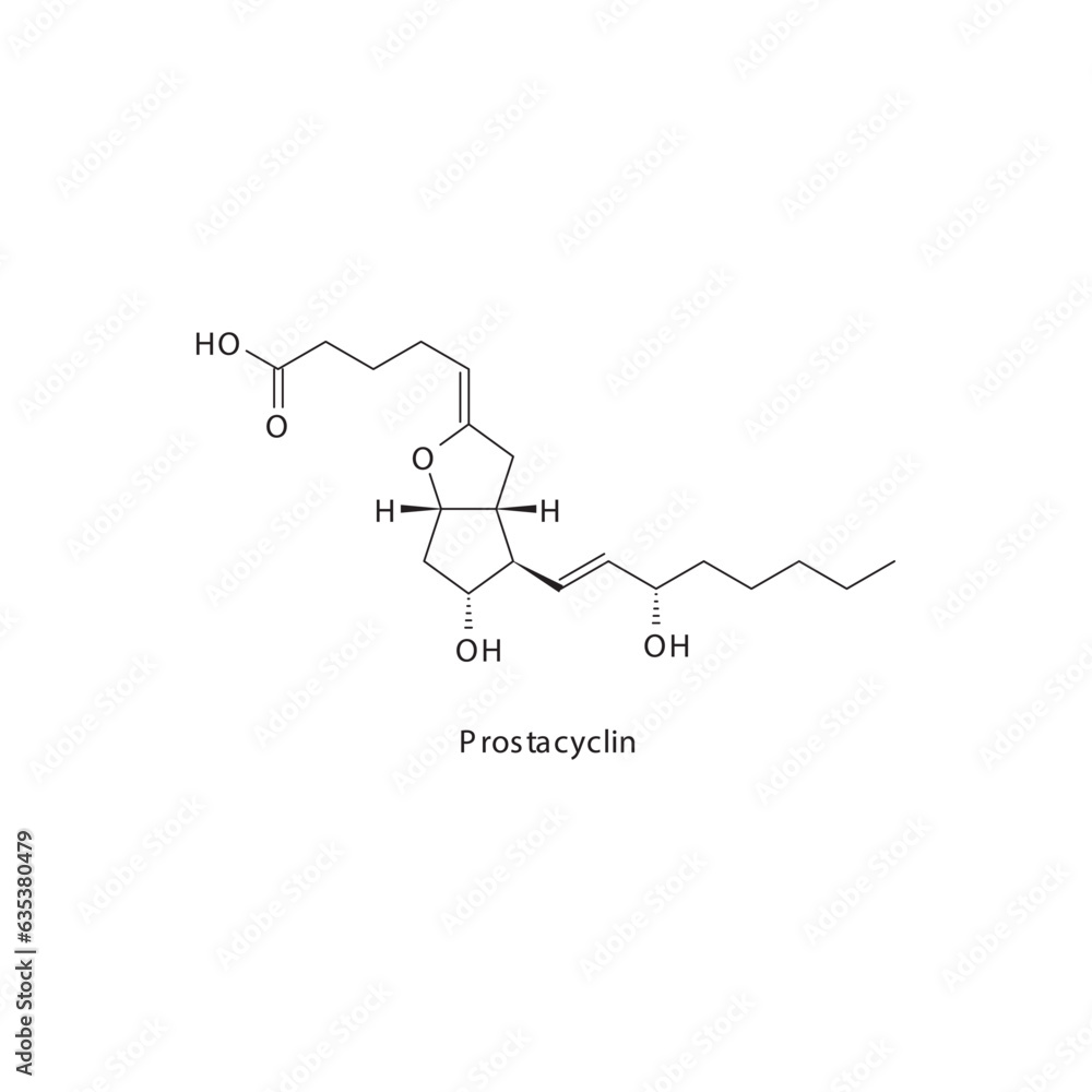 Prostacyclin  flat skeletal molecular structure Prostacycline analog drug used in pulmonary arterial hypertension, atherosclerosis treatment. Vector illustration.