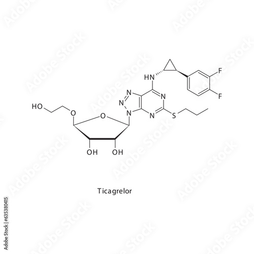 Ticagrelor flat skeletal molecular structure P2Y12 inhibitor drug used in risk of thrombosis treatment. Vector illustration.
