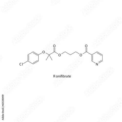Ronifibrate  flat skeletal molecular structure Fibrate drug used in hyperlipidemia treatment. Vector illustration.