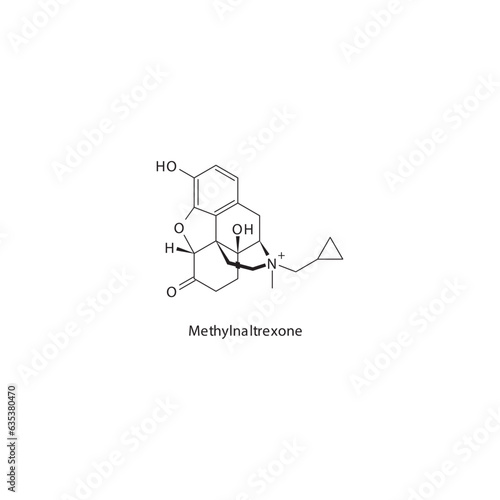Methylnaltrexone  flat skeletal molecular structure Opioid antagonist drug used in Opioid overdose or addiction treatment. Vector illustration.