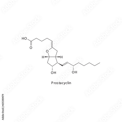 Prostacyclin  flat skeletal molecular structure Prostacycline analog drug used in pulmonary arterial hypertension, atherosclerosis treatment. Vector illustration.
