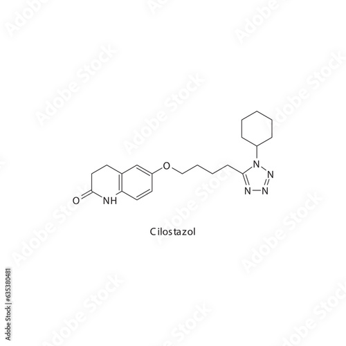 Cilostazol flat skeletal molecular structure PDE3 inhibitor drug used in risk of thrombosis treatment. Vector illustration.