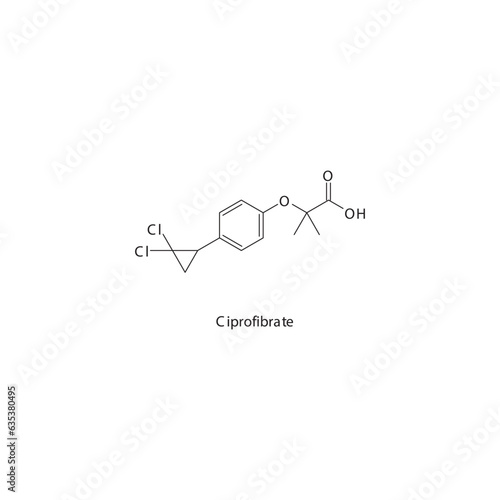 Ciprofibrate  flat skeletal molecular structure Fibrate drug used in hyperlipidemia treatment. Vector illustration.