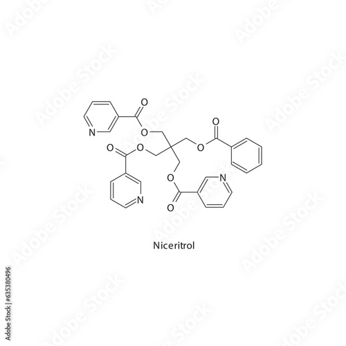 Niceritrol  flat skeletal molecular structure Niacin derivative drug used in hyperlipidemia treatment. Vector illustration.