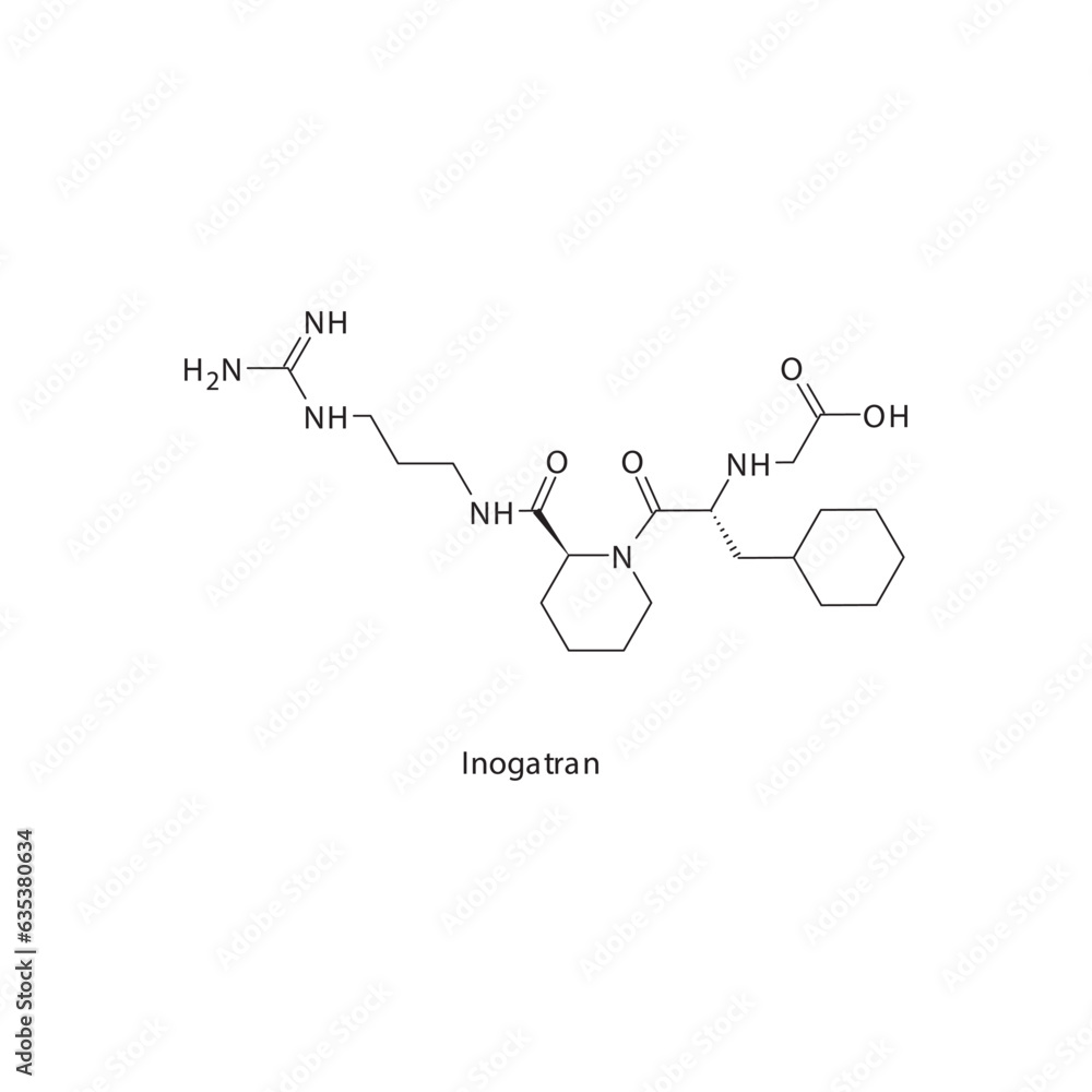 Inogatran flat skeletal molecular structure Thrombin inhibitor drug used in risk of thrombosis treatment. Vector illustration. Inogatran flat skeletal molecular structure Thrombin inhibitor drug used in risk of thrombosis treatment. Vector illustration.