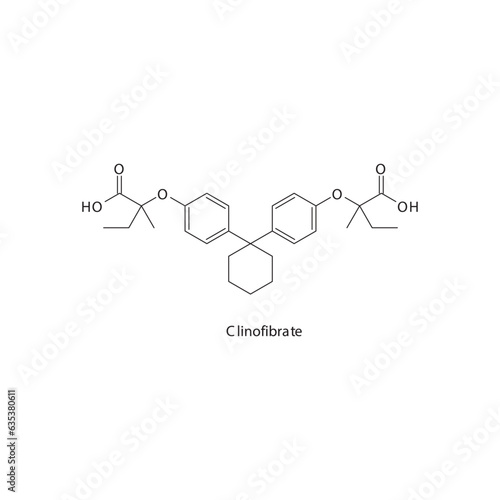 Clinofibrate flat skeletal molecular structure Fibrate drug used in hyperlipidemia treatment. Vector illustration.