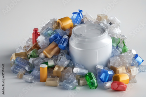 Pile of plastic multicolored garbage and waste on a gray background