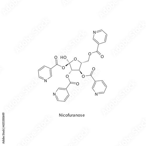 Nicofuranose  flat skeletal molecular structure Niacin derivative drug used in hyperlipidemia treatment. Vector illustration.