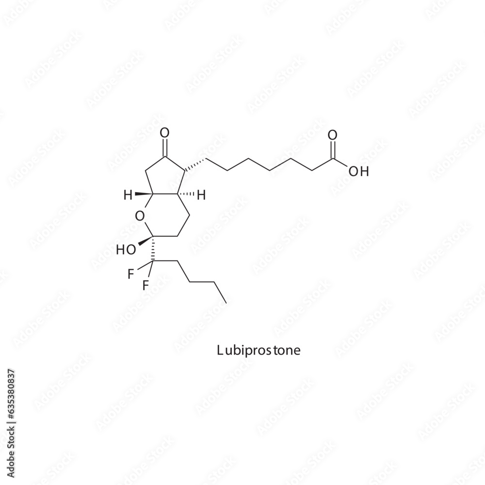 Lubiprostone flat skeletal molecular structure Laxative drug used in constipation treatment. Vector illustration.
