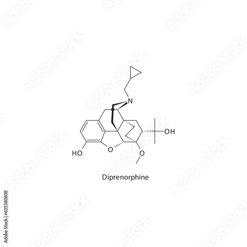 Diprenorphine  flat skeletal molecular structure Opioid antagonist drug used in Opioid overdose or addiction treatment. Vector illustration.