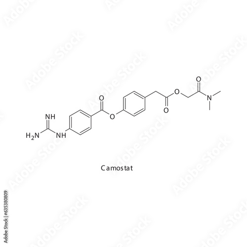 Camostat  flat skeletal molecular structure Antifibrinolytics  drug used in risk of bleeding treatment. Vector illustration.