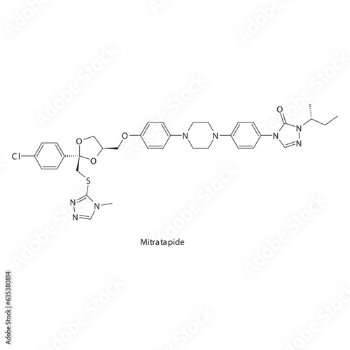 Mitratapide flat skeletal molecular structure MTTP inhibitor drug used in hyperlipidemia treatment. Vector illustration.