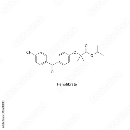 Fenofibrate  flat skeletal molecular structure Fibrate drug used in hyperlipidemia treatment. Vector illustration.