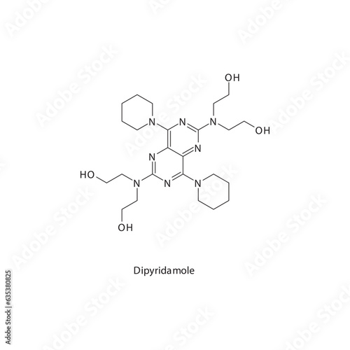 Dipyridamole  flat skeletal molecular structure PDE3 inhibitor drug used in risk of thrombosis treatment. Vector illustration.