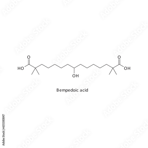 Bempedoic acid flat skeletal molecular structure ATP citrate lyase inhibitor drug used in hyperlipidemia treatment. Vector illustration.