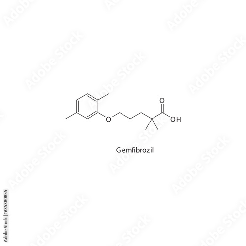 Gemfibrozil flat skeletal molecular structure Fibrate drug used in hyperlipidemia treatment. Vector illustration.