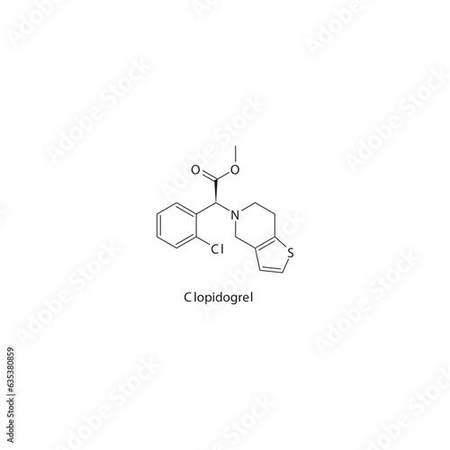 Clopidogrel flat skeletal molecular structure P2Y12 inhibitor drug used in risk of thrombosis treatment. Vector illustration.