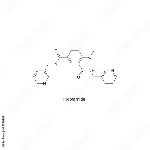 Picotamide flat skeletal molecular structure Thromboxane synthase inhibitor drug used in risk of thrombosis treatment. Vector illustration.