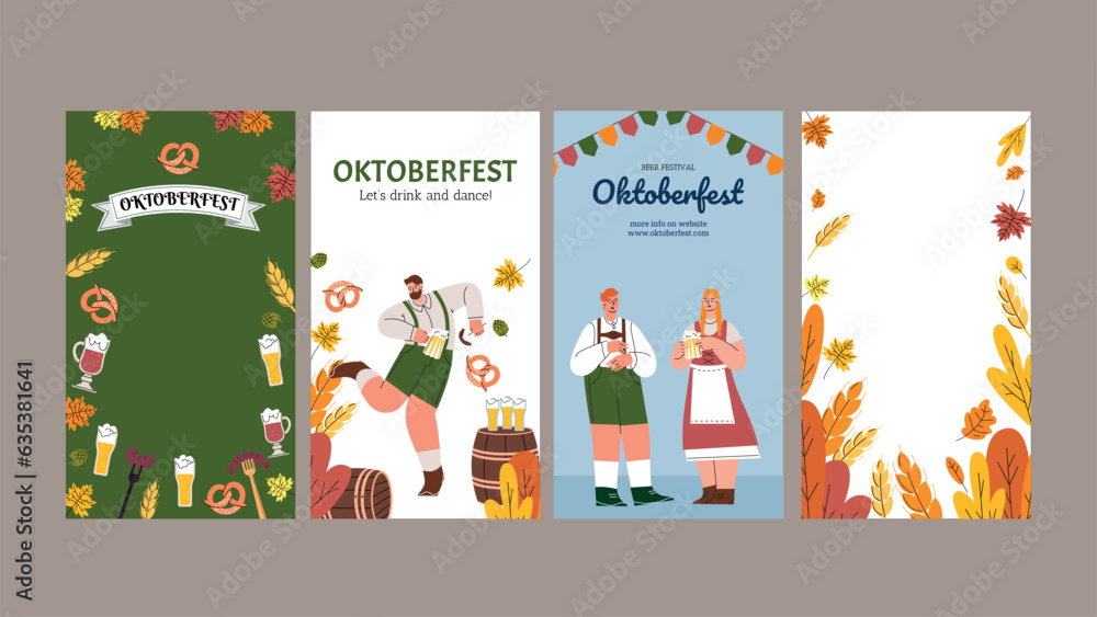Fototapeta premium Oktoberfest instagram stories template. Beer Festival. People Wearing Traditional Clothes and holds a mug of beer. Vector flat illustration with lettering and autumn leaves.