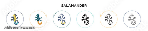 Salamander icon in filled, thin line, outline and stroke style. Vector illustration of two colored and black salamander vector icons designs can be used for mobile, ui, web