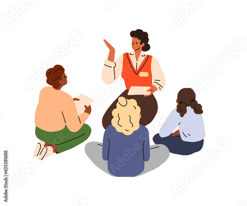 Teacher and children sitting in circle on floor. Educator speaking to element...