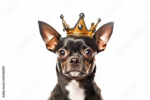 Small dog with crown on head on white background © Firn