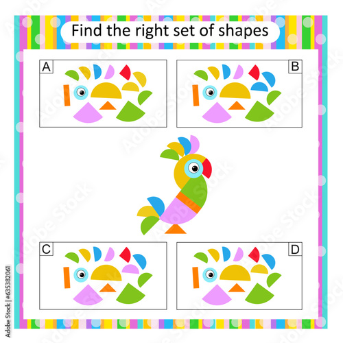 Logic puzzle for children. Find the correct set of cartoon parrot. Answer is D.