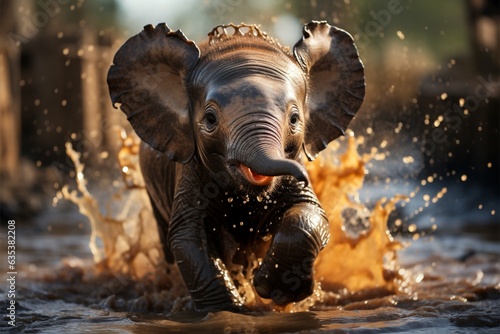 Baby elephant gleefully splashes within puddle, its innocence a heartwarming spectacle Generative AI © Muhammad Ishaq