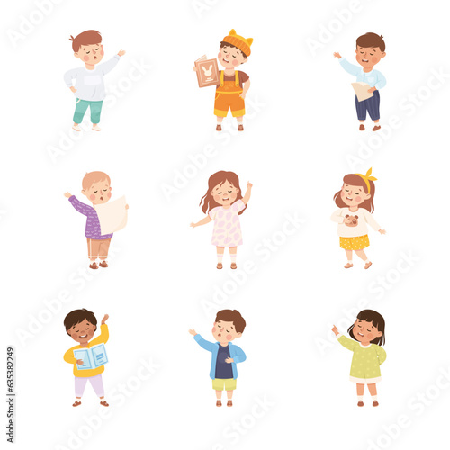 Little Boy and Girl Character Standing and Tell Story or Recite Poetry Vector Illustration Set