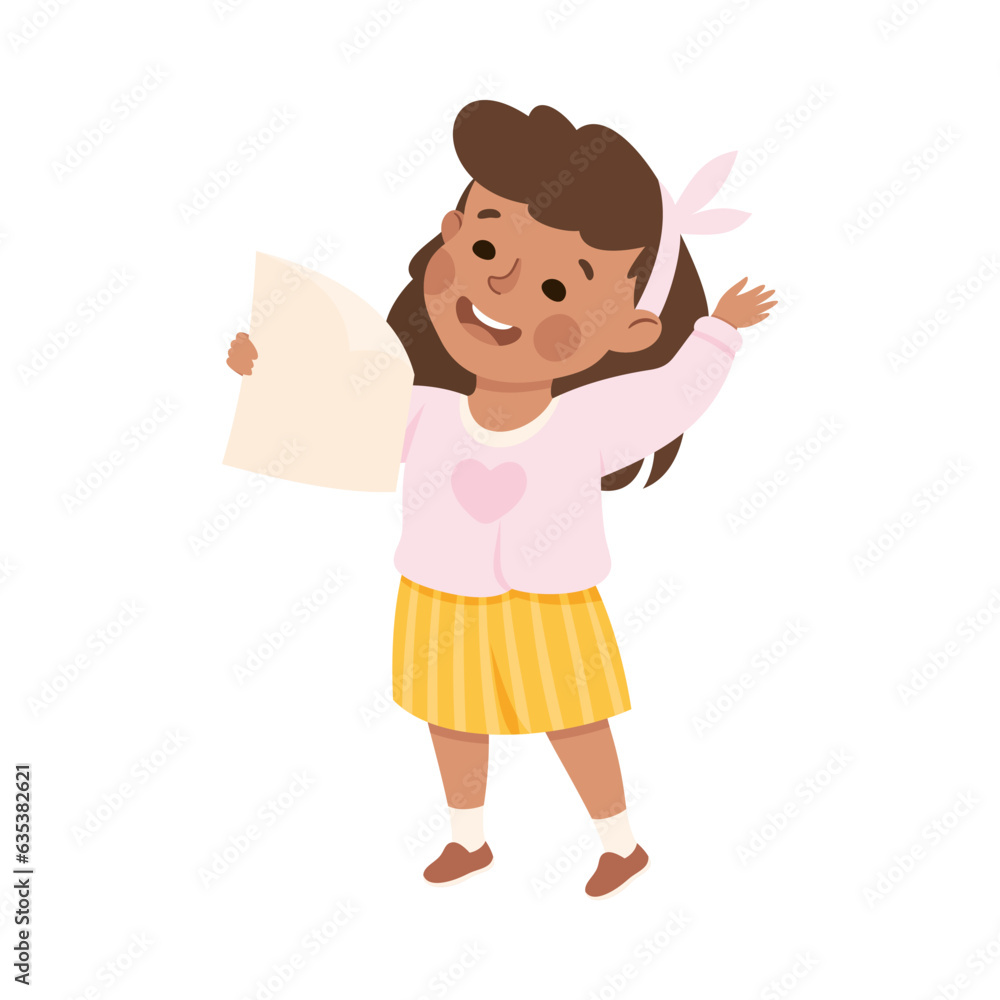 Little Girl Character Standing and Tell Story or Recite Poetry from Paper Vector Illustration Little Girl Character Standing and Tell Story or Recite Poetry from Paper Vector Illustration