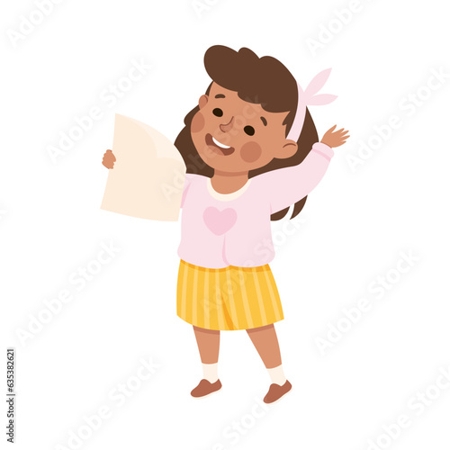 Little Girl Character Standing and Tell Story or Recite Poetry from Paper Vector Illustration