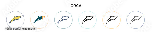 Orca icon in filled, thin line, outline and stroke style. Vector illustration of two colored and black orca vector icons designs can be used for mobile, ui, web