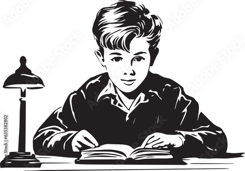 Vintage boy is doing his homework, boy reads books, boy studies at school, Vector Illustration, SVG