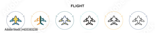 Flight icon in filled, thin line, outline and stroke style. Vector illustration of two colored and black flight vector icons designs can be used for mobile, ui, web