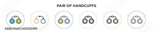 Pair of handcuffs icon in filled, thin line, outline and stroke style. Vector illustration of two colored and black pair of handcuffs vector icons designs can be used for mobile, ui, web