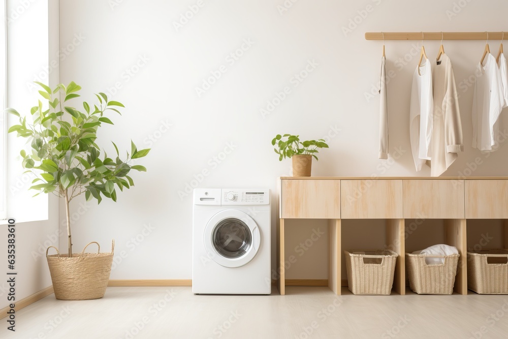 A Laundry room, minimalist style, with plants - obrazy, fototapety, plakaty 