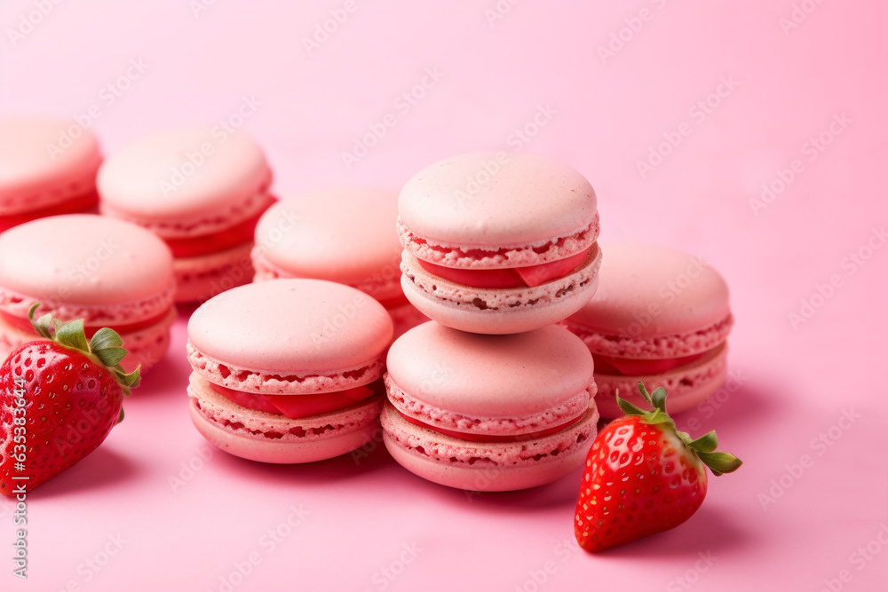 Fototapeta premium Pink strawberry French macaron pastries with fruits