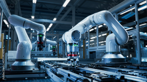 Photography Close-up of High Precision Robot Arms on Automated PCB Assembly Line Inside Modern Electronics Factory
