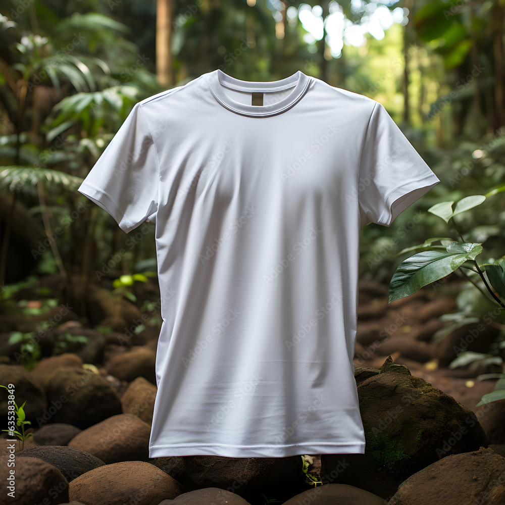 Plain White Tee Mockup in Forest Surroundings Embrace Nature Plain White Tee Mockup in Forest Surroundings Embrace Nature