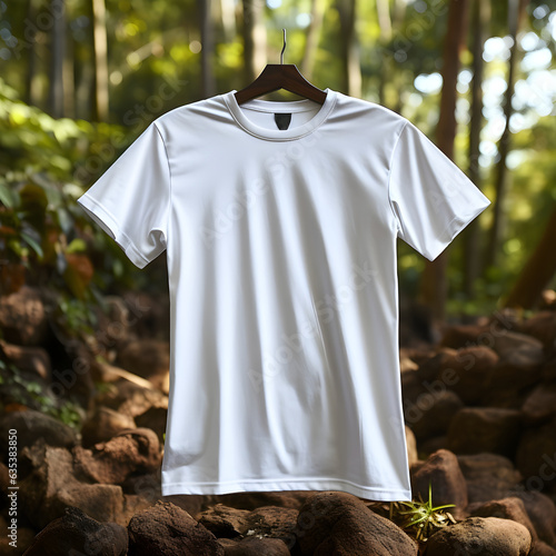 plain white tshirt mockup with forest background for nature and related theme