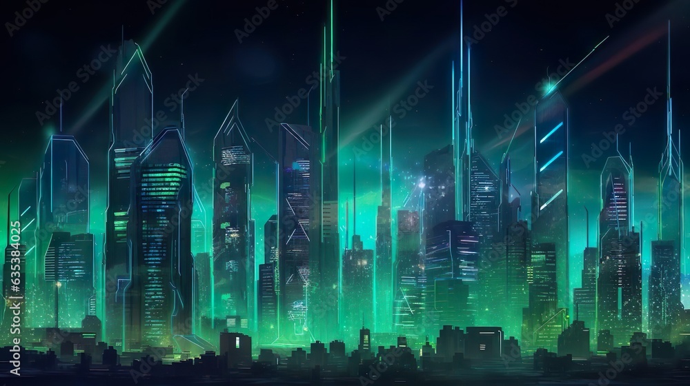 Cyberpunk City Skyline with Green and Blue Neon light