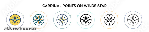 Cardinal points on winds star icon in filled, thin line, outline and stroke style. Vector illustration of two colored and black cardinal points on winds star vector icons designs can be used for