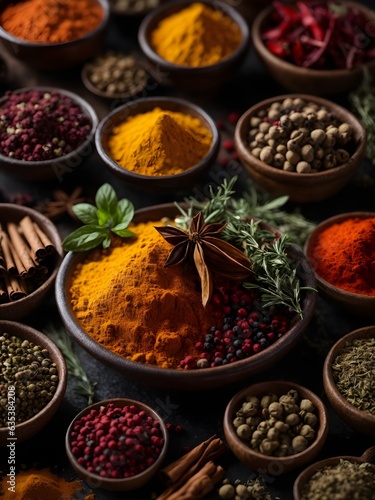 Various aromatic colorful spices and herbs