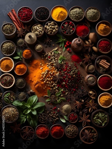 Various aromatic colorful spices and herbs