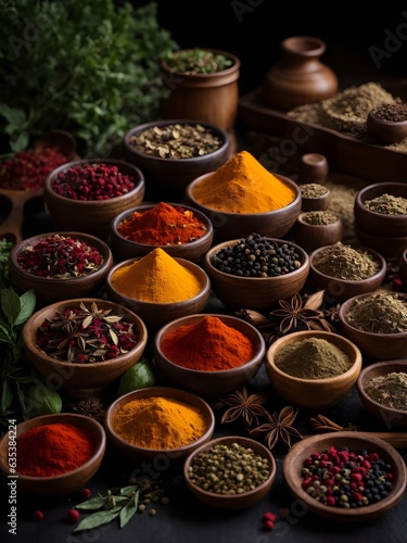 Various aromatic colorful spices and herbs