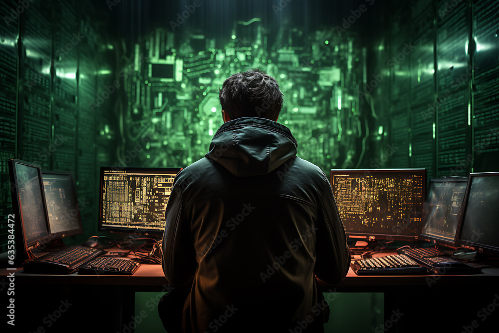hacker sitting at the computer, cyber security and anti-spyware concept hacker sitting at the computer, cyber security and anti-spyware concept